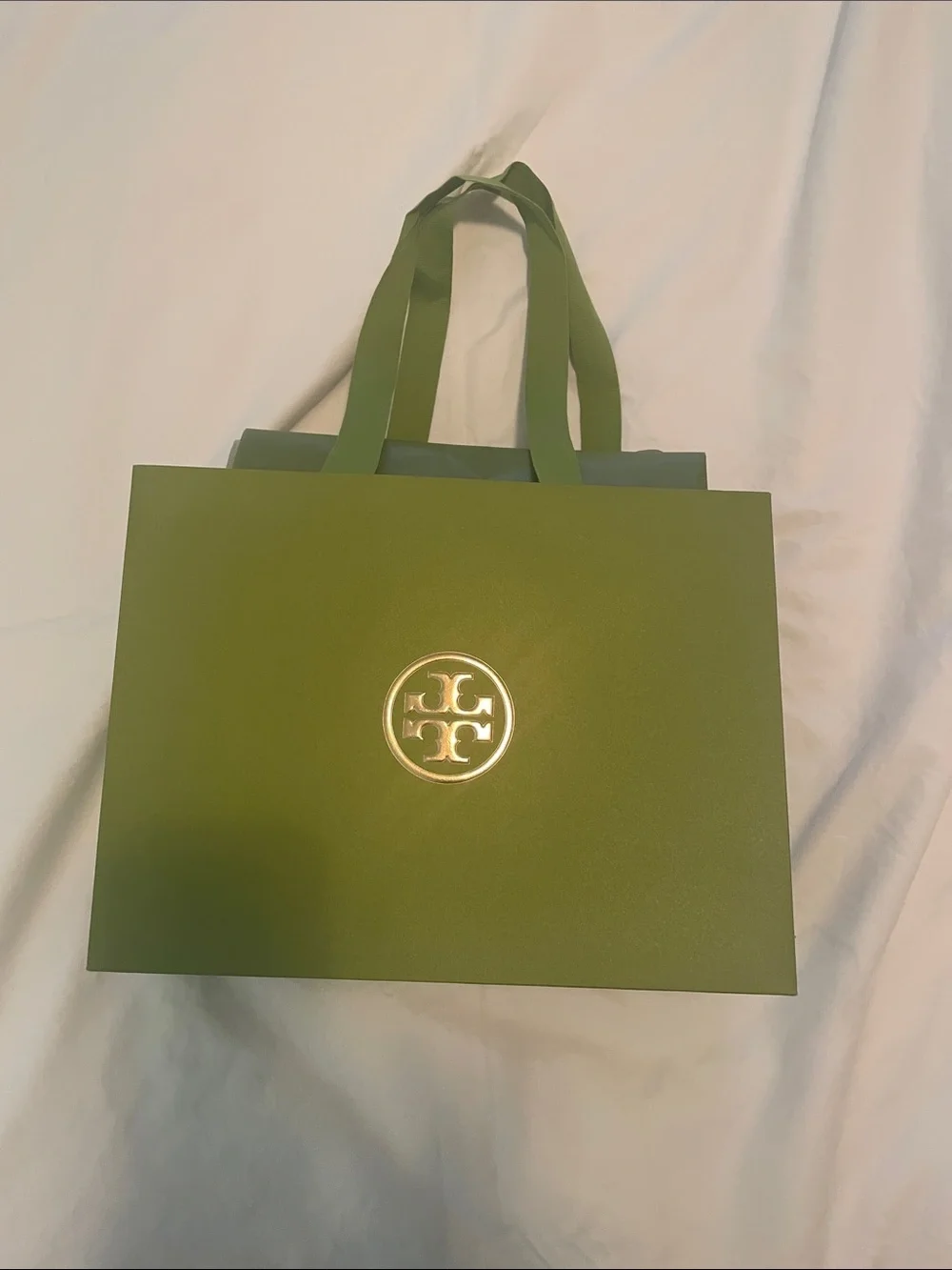 Tory Burch Olive Green Gift Bag with Metallic Logo